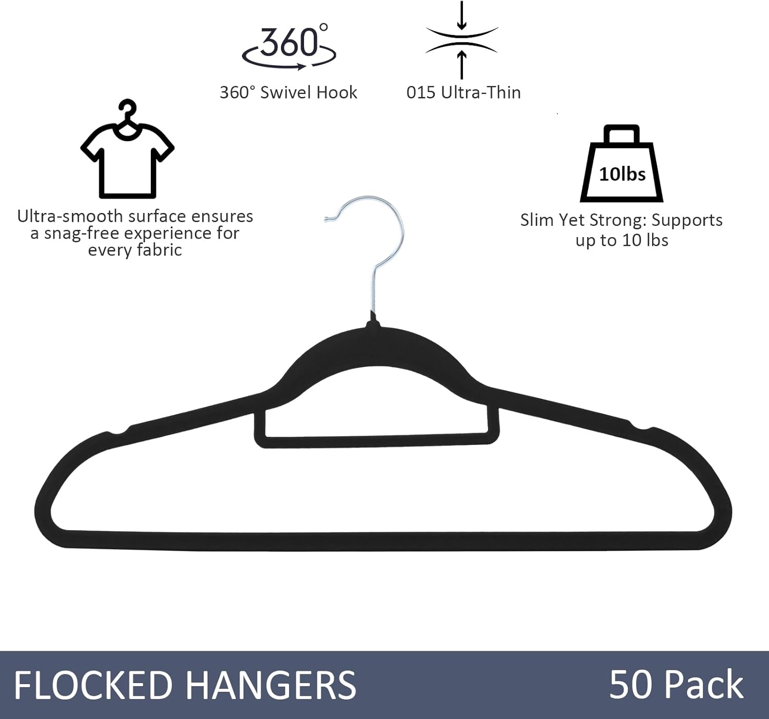 Skiennix Velvet Hangers - Premium Non-Slip Closet Organization | 50 Pack, Durable Black Felt for Coats & Shirts