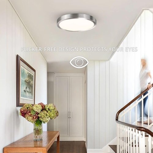 10 Inch LED Flush Mount Ceiling Light Fixture, Super Slim Flush Mount Light for Kitchen, Metal and Glass LED Ceiling Light for Low Ceiling, Hallway, Bathroom, Laundry, Brushed Nickel, 17W, 3000K