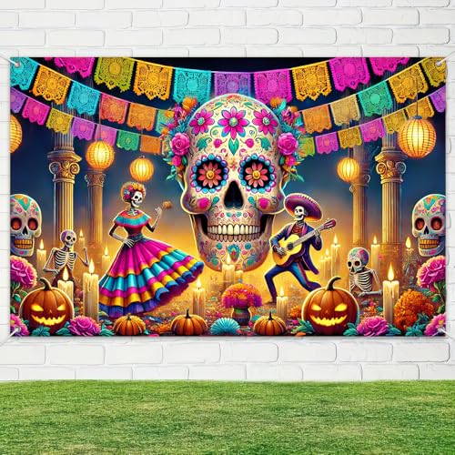 BlissYard Day of the Dead Banner 71x43 Inch Sugar Skull Backdrop