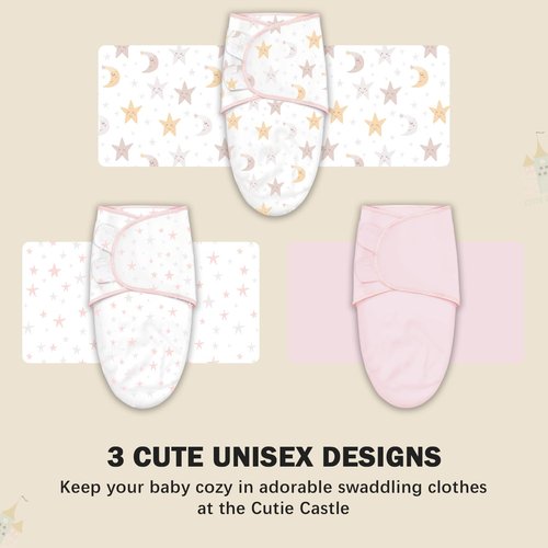 Cute Castle Baby Swaddle Sleep Sacks - Ergonomic Newborn Swaddles for Boys & Girls | 3-Pack (0-3 Months - Pink, Moon, Stars)