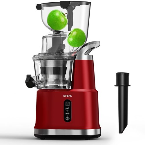 SIFENE Cold Press Juicer Machine, 70mm Wide Mouth Masticating Juicer for Whole Fruits & Vegetables, High Yield Slow Squeeze Extractor, Quiet Motor, Reverse Function, Easy to Clean, BPA Free, Red