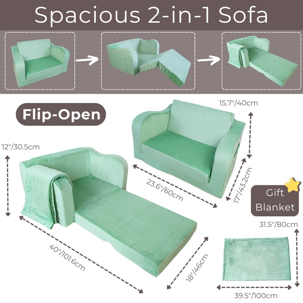 Wonder Space Kids Foam Couch with Blanket, Pre-Assembled Toddlers 2-in-1 Convertible Sofa, Indoor Foadable Lounger Chair & Flip Open Floor Bed for Boys & Girls (Mint Green)