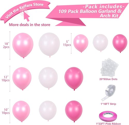 Kelfara Pink Balloon Garland Arch Kit - 109 Pcs Hot Pink & Pastel Latex Balloons | 18, 12, 10, 5 Inch for Weddings & Parties
