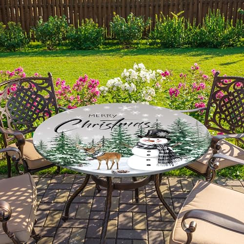 Christmas Fitted Round Tablecloth with Elastic Snowmen & Green Trees - Waterproof 44 Inch, Outdoor Holiday Decor - Variation: Green / 44"