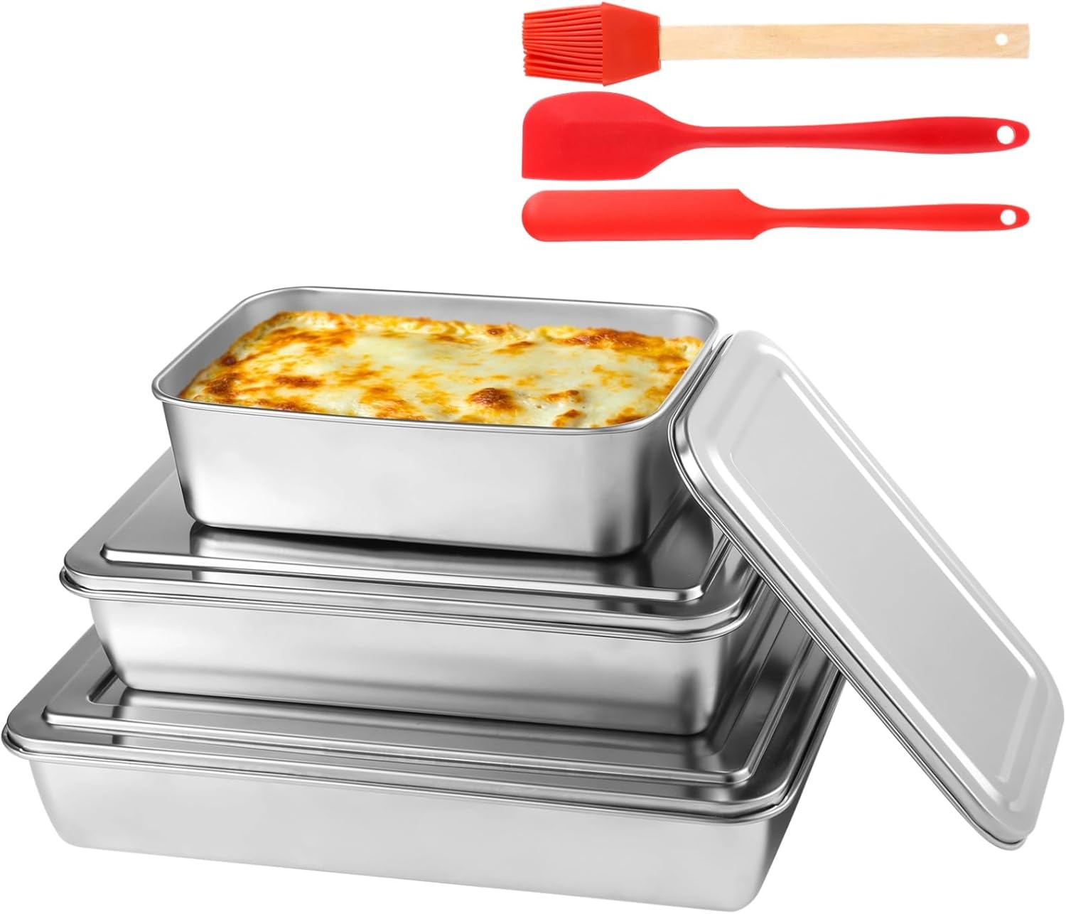 Skiennix Stainless Steel Cake Pan Set - Non-Stick Baking Pans with Lids | 13, 11, 9 Inch Sizes