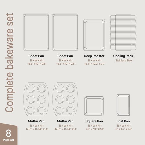 Bakken 8-Piece Bakeware Set - Nonstick Ceramic Coated Pans, Oven Safe Up to 500°F, Blue
