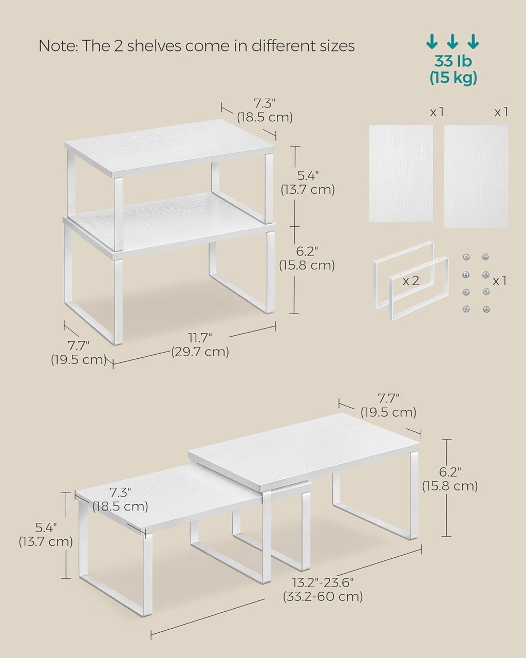 SONGMICS Kitchen Organizer Shelves - Set of 2 Stackable Spice Racks in Cloud White & Snow White