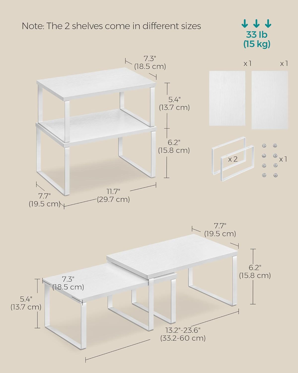 SONGMICS Kitchen Organizer Shelves - Set of 2 Stackable Spice Racks in Cloud White & Snow White