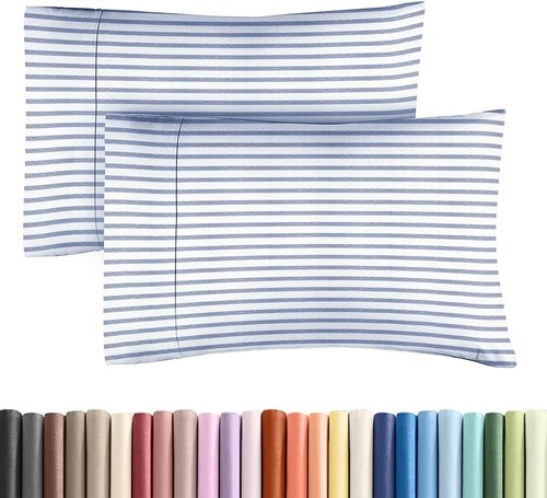 King Standard Pillow Cases - Ultra-Soft Hotel Quality Covers | Fade-Free & Wrinkle Resistant - Blue Stripes - Set of 2