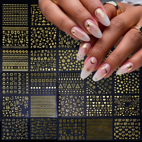 IDDFEVE Gold Moon Star Nail Stickers - 30 Sheets Self-Adhesive 3D Decals