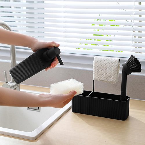YAUKPH 4 in 1 Kitchen Soap Dispenser Set - Soap Dispenser Brush Sponge Holder Towel Rack (Striped Black)