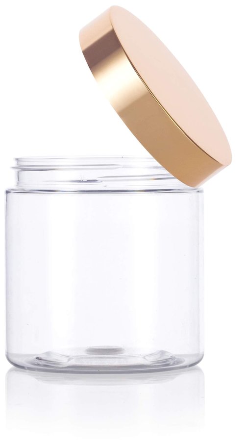 8 oz Clear PET Plastic Refillable Jar with Luxury Gold Metal Overshell Lid (12 Pack) + Spatulas