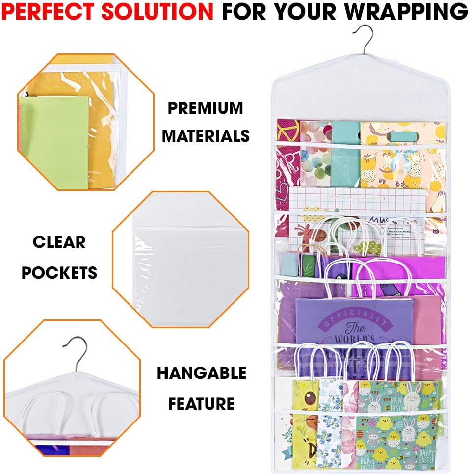 Primode Gift Bag Organizer - Double-Sided Hanging Storage with Multiple Pockets | 38 x 16 Inch (White)