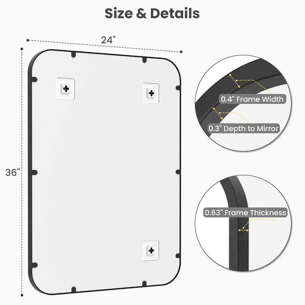 Regine Switzerland Matte Black Bathroom Vanity Mirrors - 24x36 Inch Flush Mount Deep Set Design | HD Shatterproof Glass