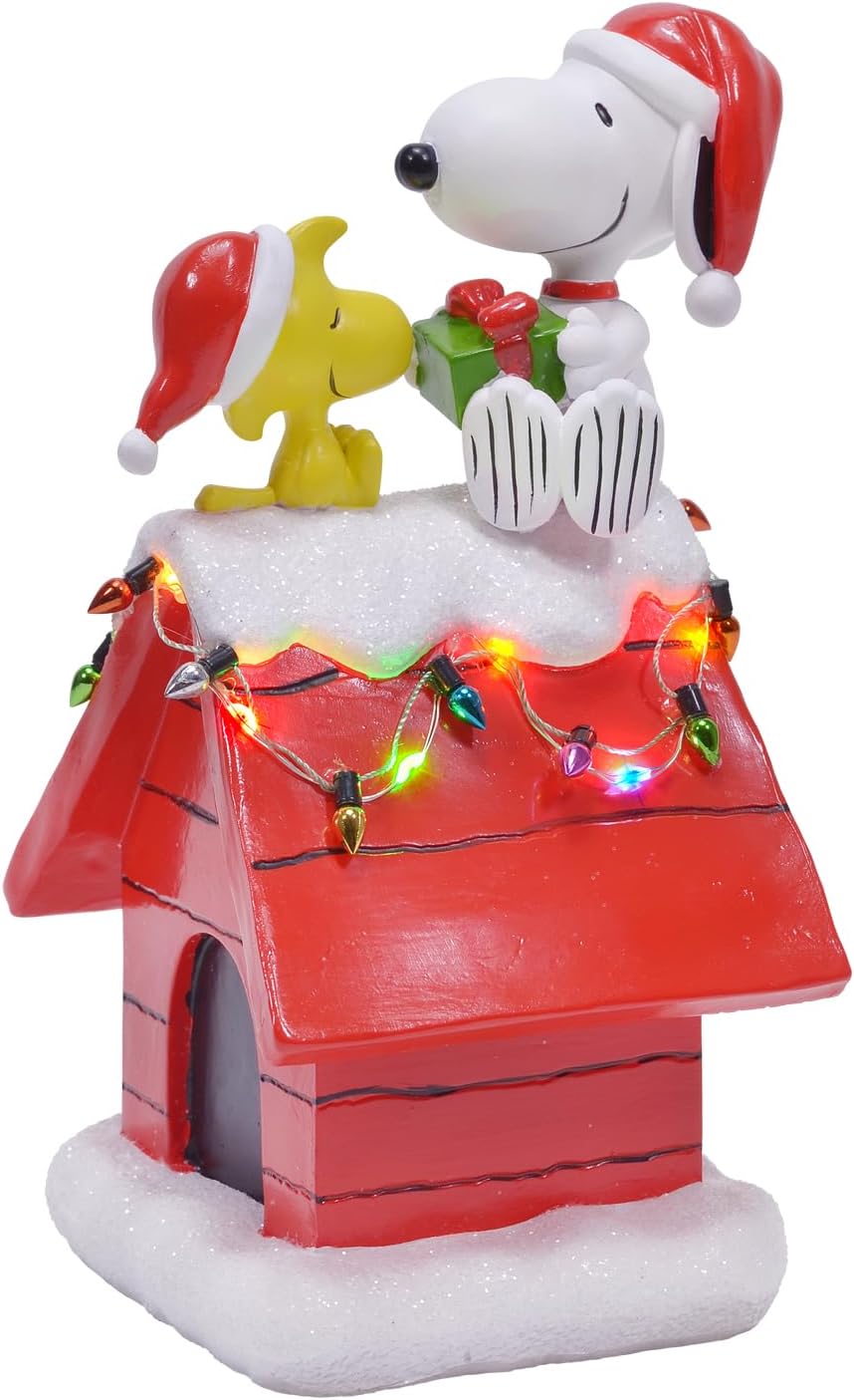 Mark Feldstein Peanuts Snoopy's Dog House Figurine - LED Christmas Lights | 7.5 Inch, Red