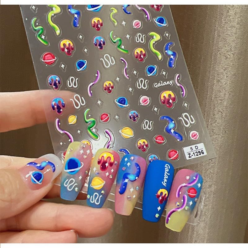 IDDFEVE 5D Embossed Space Nail Art Stickers Galaxy Planet Decals 2 Sheets