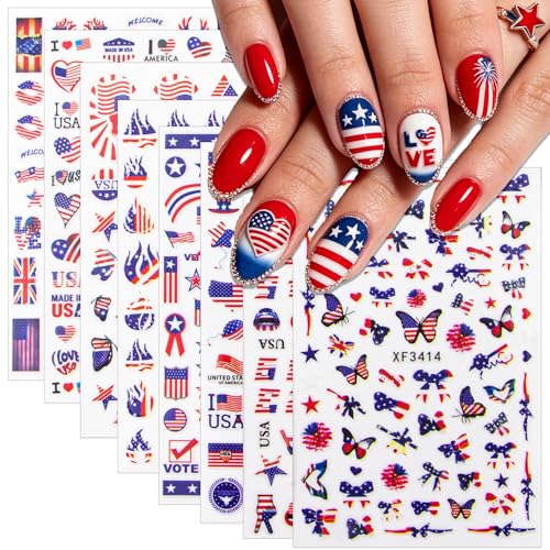 Nudurom 8 Sheets 4th of July Patriotic Nail Stickers 3D USA Decals