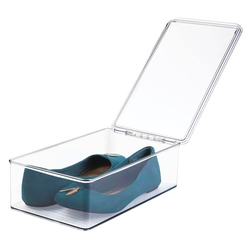 mDesign Shoe Organiser – Set of 2 – Plastic Shoe Storage Box with Lid – Footwear Organiser for Boots, Sneakers, Sandals – Clear