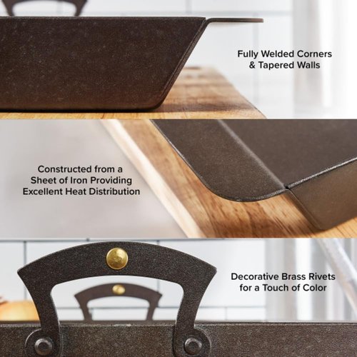 Classic Cuisine Iron Roasting Pan - Pre-Seasoned with Brass Handles & Flanged Edges | Versatile Cookware for Oven, Stovetop, Grill
