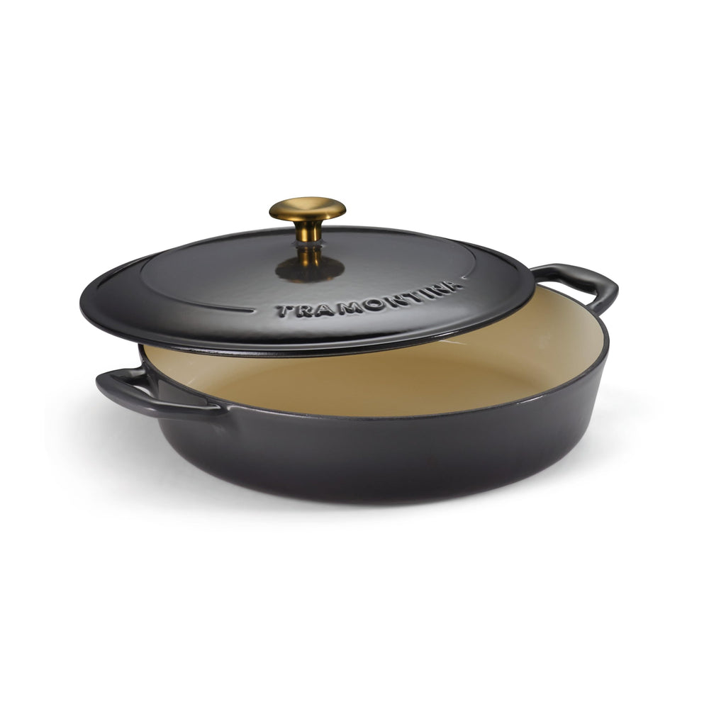 Tramontina Bestow Enameled Cast Iron Braiser Pan with Lid, 4-quart, Smoke with Gold Knob