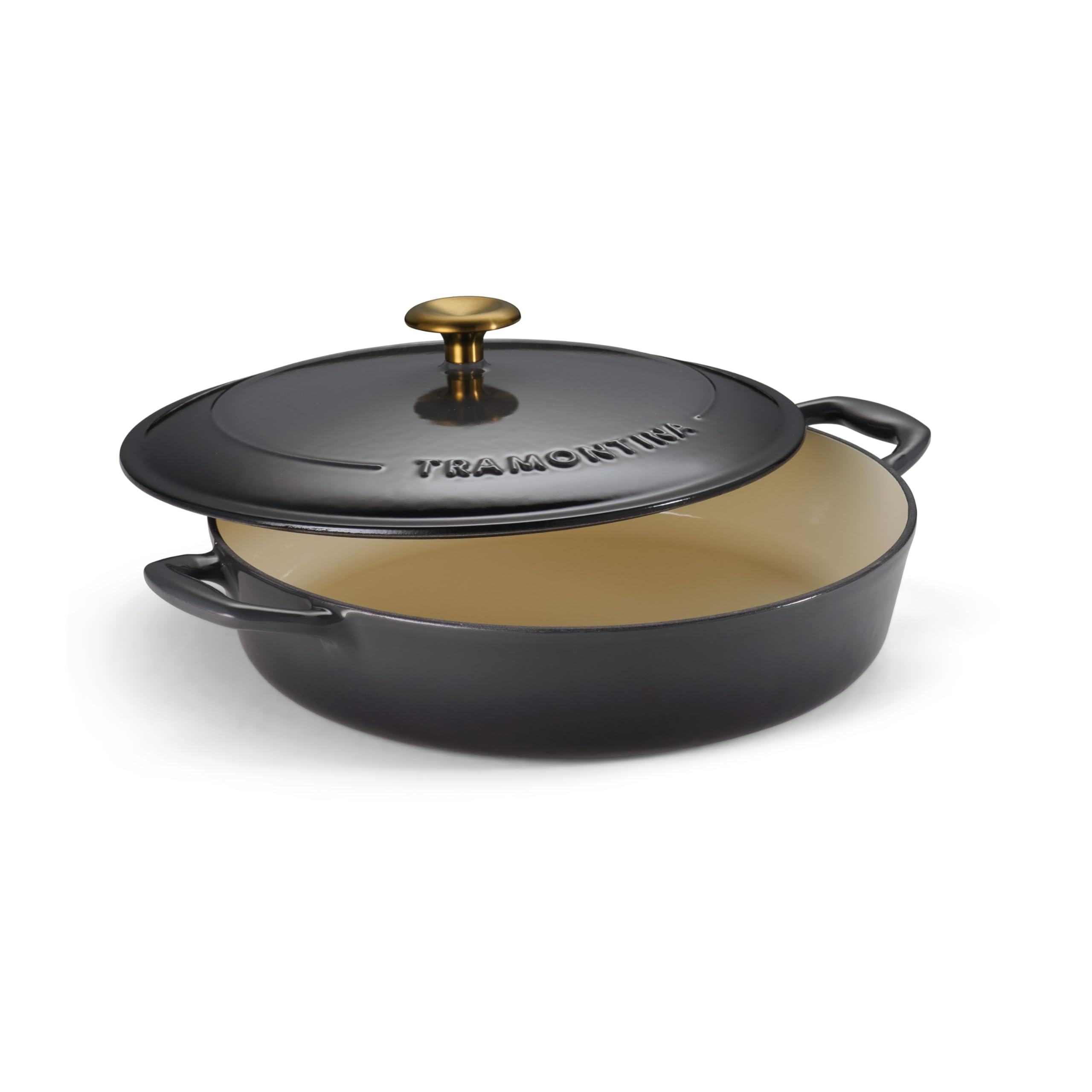 Tramontina Bestow Enameled Cast Iron Braiser Pan with Lid, 4-quart, Smoke with Gold Knob