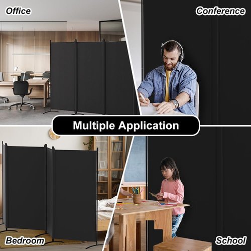 Kokorona 4 Panel Room Divider, 6FT Tall Folding Privacy Screen Wall Dividers, Portable Privacy Screen Freestanding Room Divider for Room Separation, Included - Cover Strips, Black, 136''W x 71''H