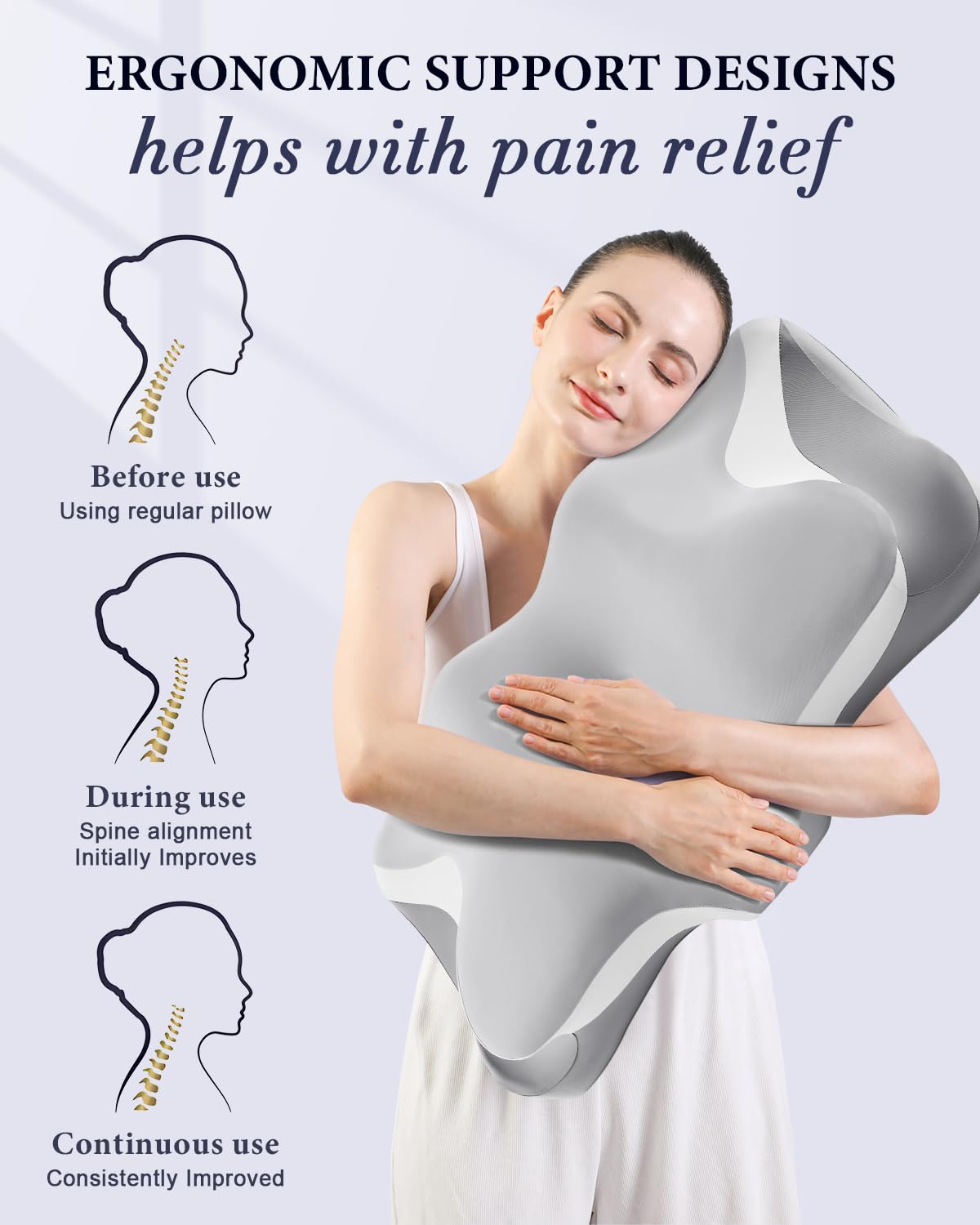 Cervical Neck Pillow for Pain Relief, Cooling Ergonomic Memory Foam Pillows for Sleeping with Breathable Pillowcase, Contour Deep Sleep Neck Support Pillow for Side Back Stomach Sleepers-Light Grey