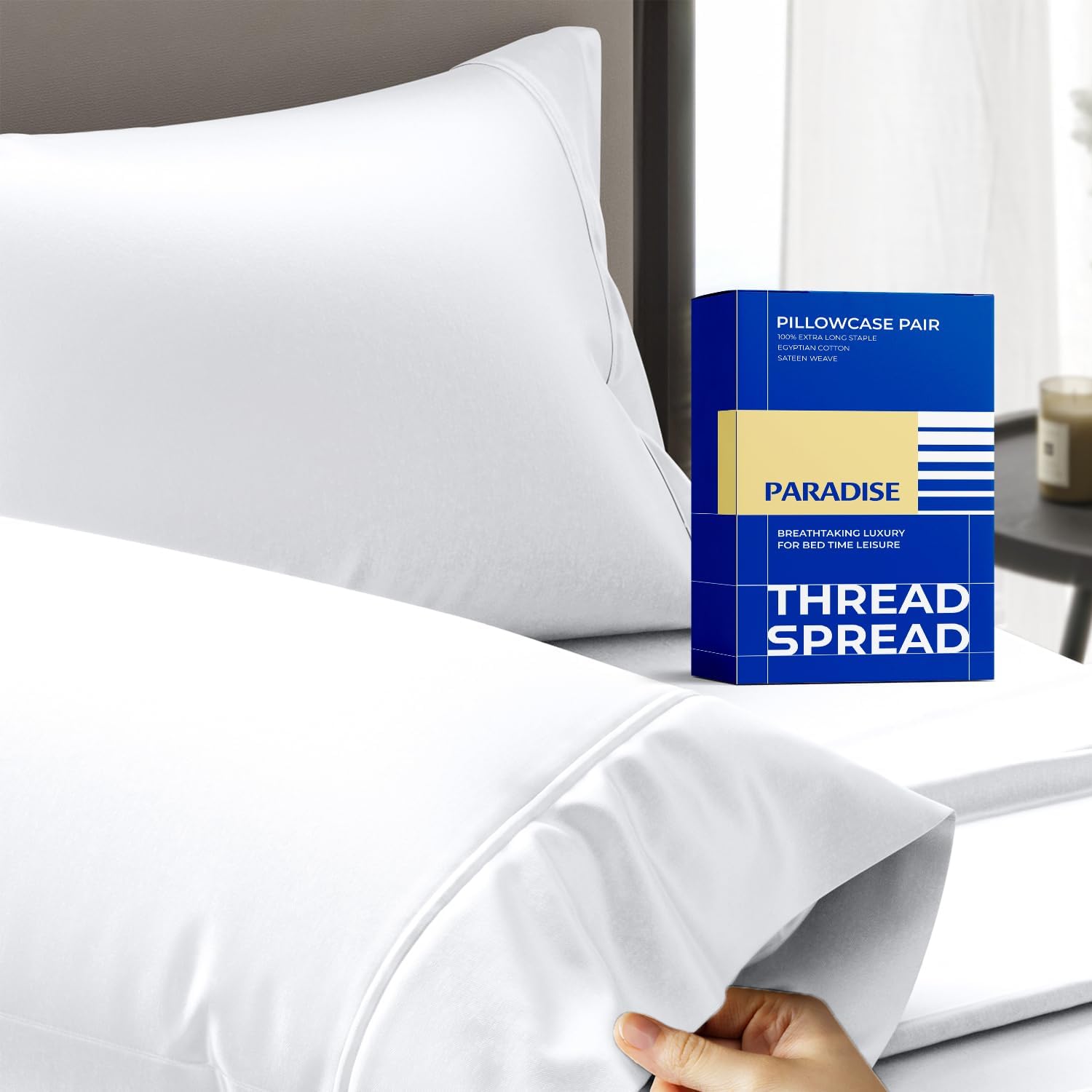 Thread Spread 100% Egyptian Cotton Pillow Cases - Luxury 1000 Series Set of 2 | Soft Cooling Queen Size (White)