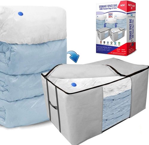 Cube Vacuum Storage Bags - Premium Space Saver Totes with Compression Seal for Clothing & Bedding | Jumbo Organizer