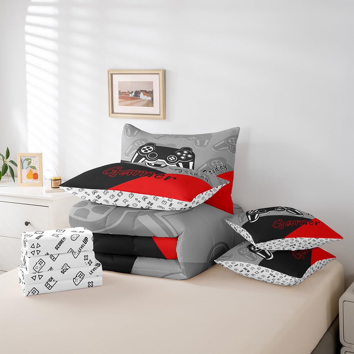 Feelyou Gamer Comforter Set with Sheets for Boys Teens Gaming 7 Piece Bedding Set Queen Size Video Game Contoller Home Bed in a Bag Decor for Kids Bed Set