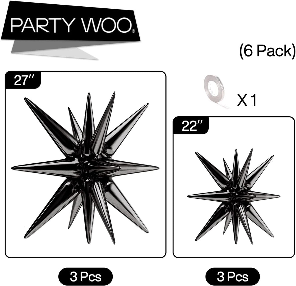 PartyWoo Black Star Foil Balloons - 6-Piece Set of 22-Inch Large Mylar Balloons for Space-Themed Celebrations