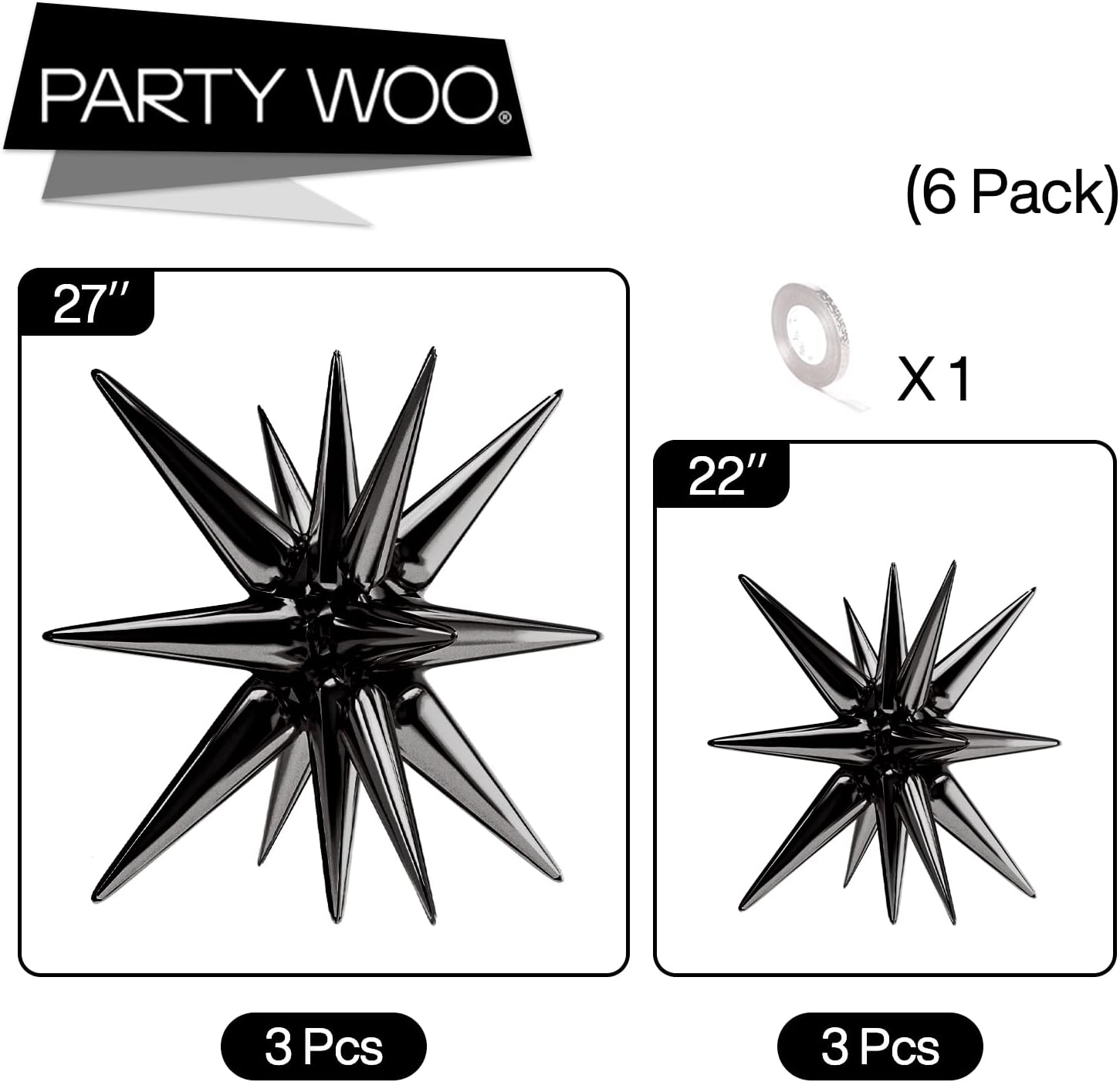 PartyWoo Black Star Foil Balloons - 6-Piece Set of 22-Inch Large Mylar Balloons for Space-Themed Celebrations