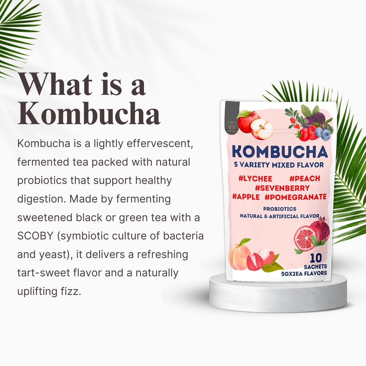 Korean Kombucha Tea, Powder 5g x 10 Sachets (50g/3.52oz) Probiotics, Prebiotics, Sugar Free, Diet Tea, Healthy Drink (5 Variety Flavor)