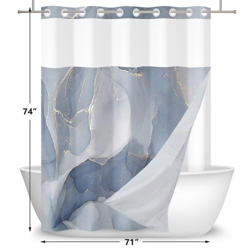 RiePoiia No Hook Shower Curtain with Snap in Fabric Liner Set, Blue Marble Modern Hotel Style Design for Bathroom, Double Layer Ringless with Top Sheer Window, 71" x 74"