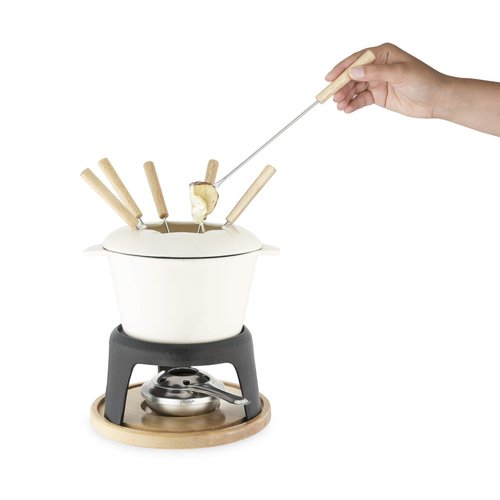 Twine Cast Iron Fondue Set with Metal Stand and Forks, Chocolate Melting Pot, Cheese Fondue Kit Set, Hosting Essentials 8.5", Off-Cream