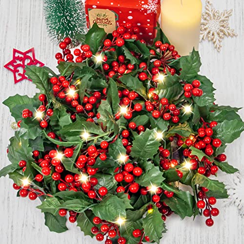 6FT Red Berry Holly Christmas Garland with Lights - Battery Operated