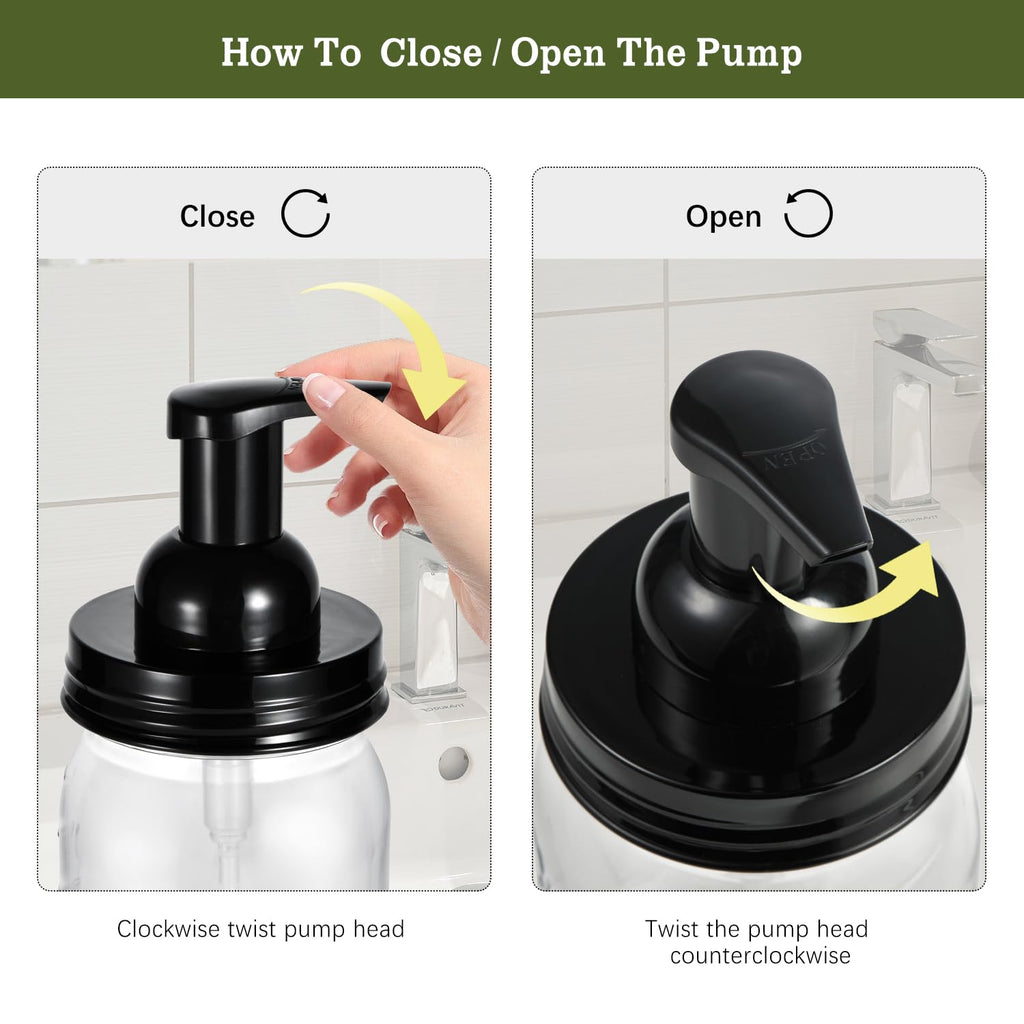 Amolliar Plastic Foaming Soap Dispenser with Pump Lid, 16Oz Refillable Foam Hand Soap Dispenser Set, Clear Dish Soap Bottles with Waterproof Lable for Farmhouse Kitchen Bathroom (2 Pack, Black)