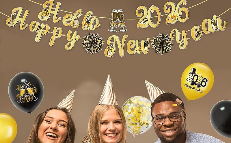 2026 Happy New Year Banner Glitter Gold and Black NYE Party Decorations