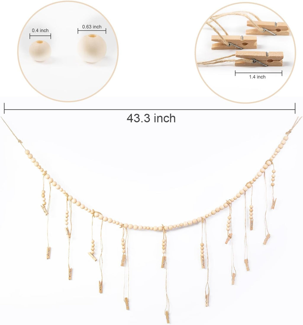Skiennix Hanging Photo Display - 18 Wood Clips & Boho Wooden Bead Wall Décor for Bedroom & Living Room