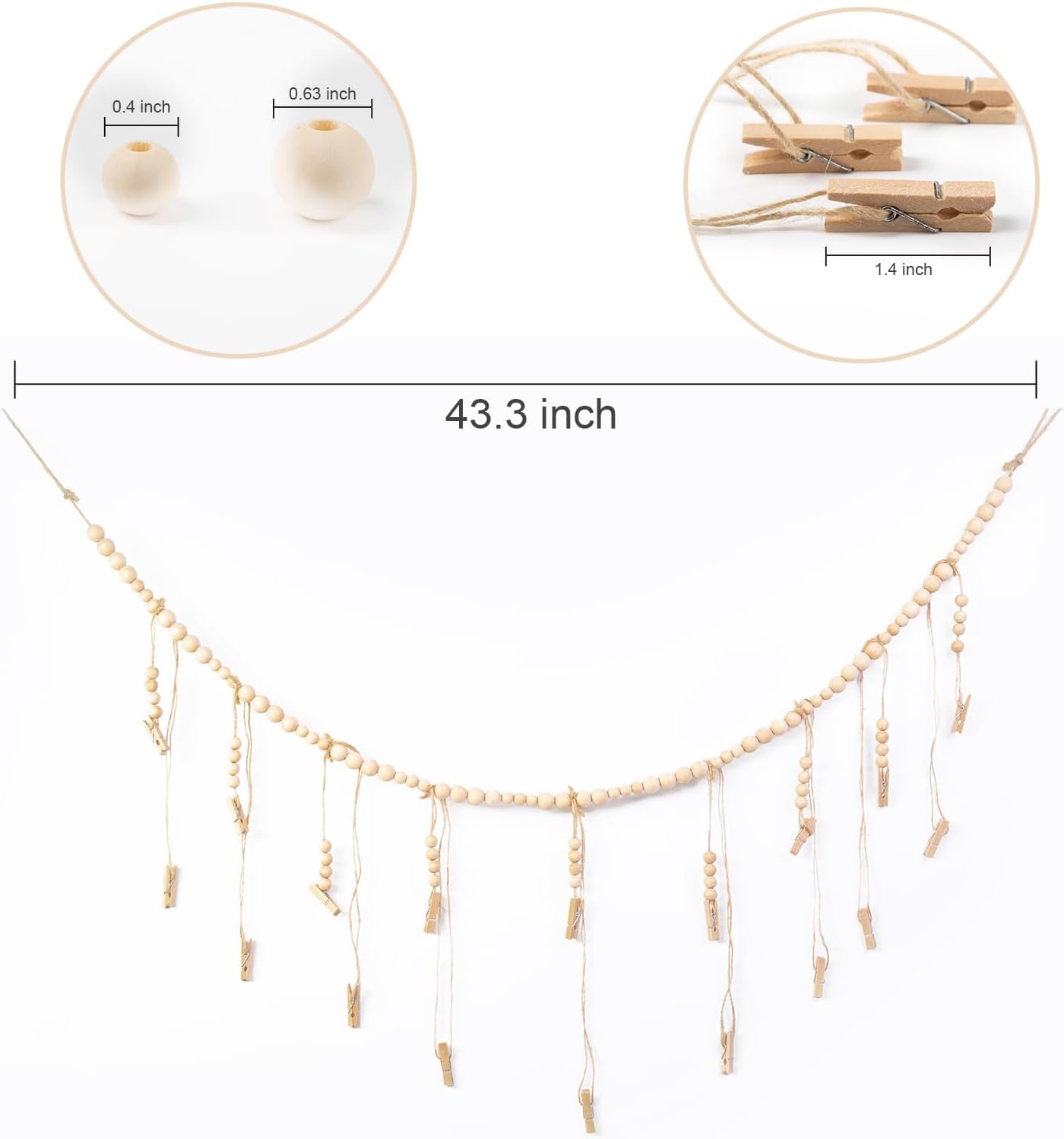 Skiennix Hanging Photo Display - 18 Wood Clips & Boho Wooden Bead Wall Décor for Bedroom & Living Room