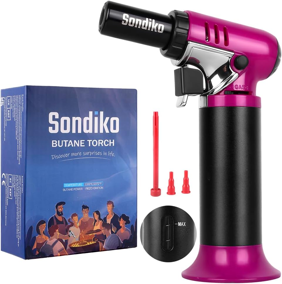 Sondiko Butane Torch - Refillable Soldering Lighter with Adjustable Flame | Pink & Black Design