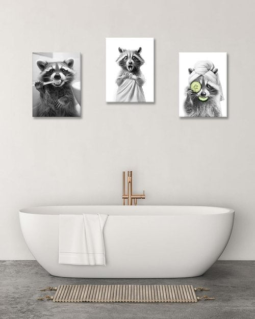 HesenDot Raccoon Wall Art - Funny Black and White Canvas Print for Bathroom | 12x16in Decor