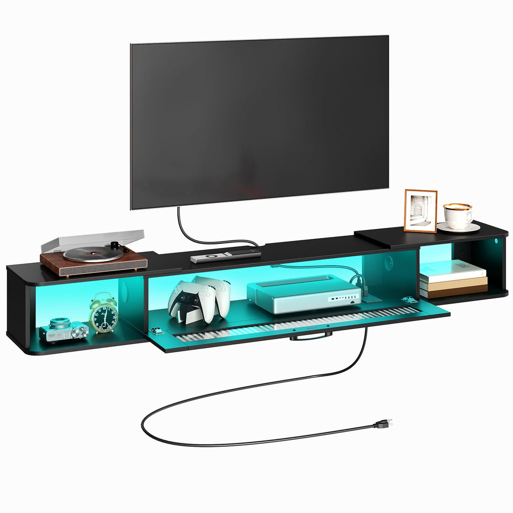 HOOBRO Floating TV Stand with LED Light Power Outlet for TVs up to 75”, Wall Mounted TV Shelf, Modern Media Console Entertainment Center Under TV, for Living Room Bedroom, Black BK36UDDS01G1
