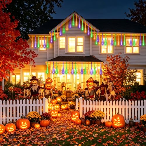 Outdoor LED Meteor Shower Icicle Lights - 12-inch Waterproof String Lights with 10 Tubes - Orange Purple Green Variation