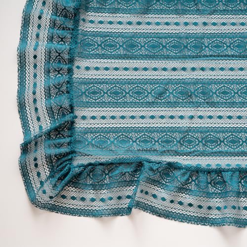 Teal Boho Sheer Lace Curtains 50W x 96L Pair – Geometric Crochet Drapes for Bedroom & Holiday Decor