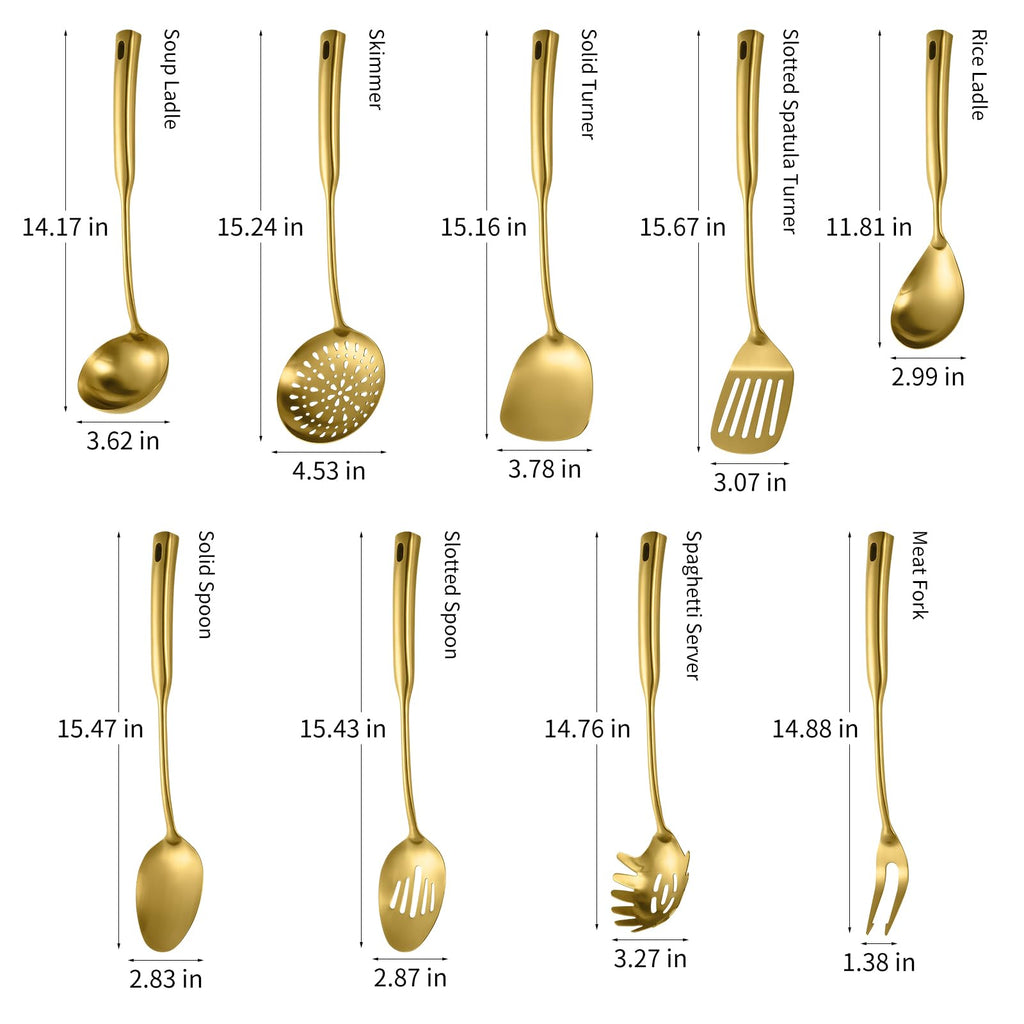 304 Stainless Steel Kitchen Cooking Utensils Set - 9 PCS Serving Utensils, Include Skimmer, Soup Ladle, Spaghetti Server, Wok Spatula, Slotted & Solid Spoon, Slotted Spatula Turner, Meat Fork (Gold）