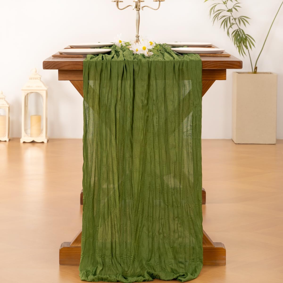 Socomi Cheesecloth Table Runner - Boho Rustic Green 120-Inch for Weddings, Parties & Home Decor