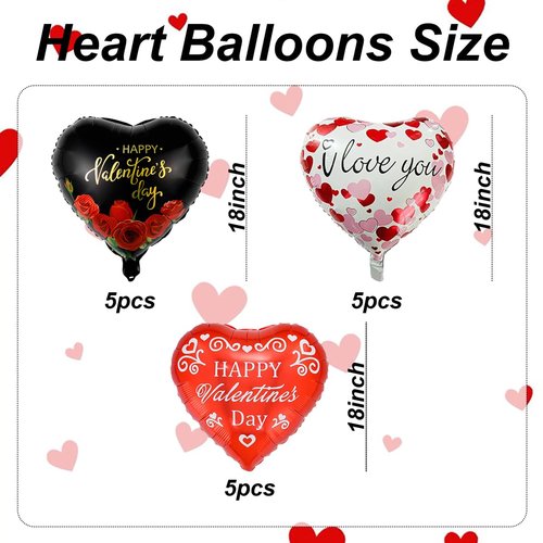 15Pcs Heart Balloons Valentines Party Decorations - 18 Inch Happy Valentine Balloon - Black and Red Heart Shaped Balloons for Valentines Day Decorations - Romantic Night Party Decor