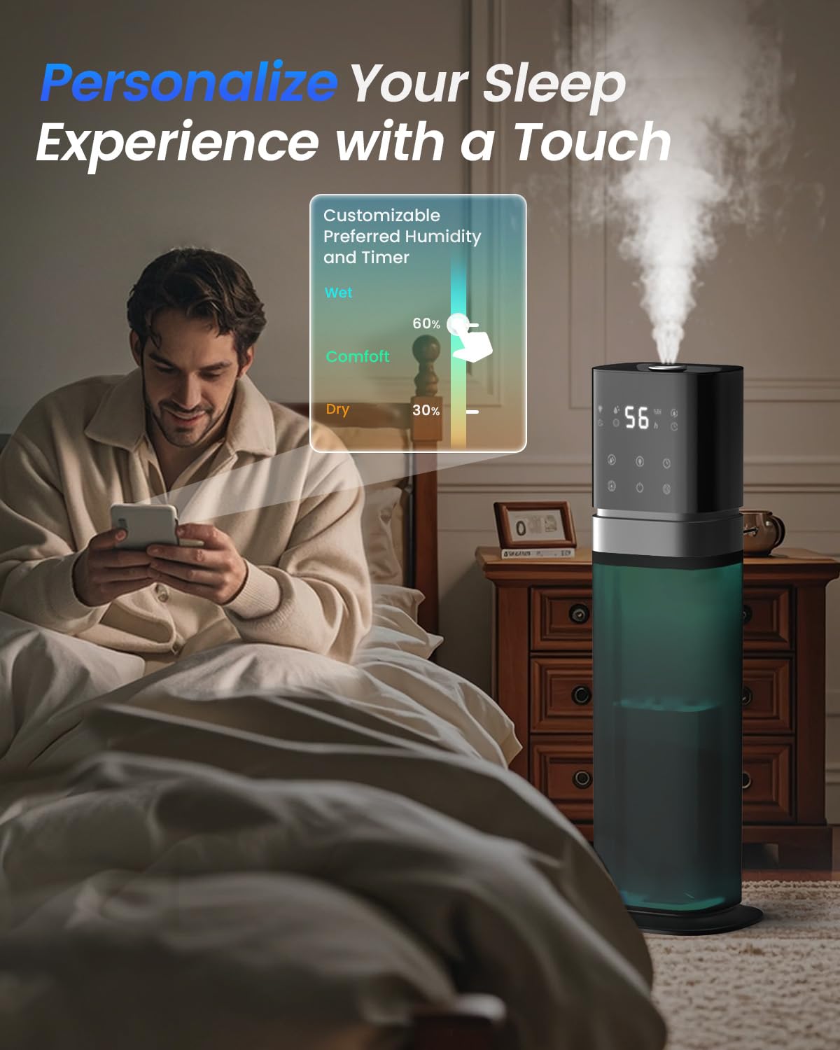 AILINKE Humidifiers for Bedroom 2.1Gal/8L, Smart Humidifier for Large Room, Cool Mist Humidifiers for Home Kids Plants, Top Fill Humidifier with Extension Tube, WIFI APP & Voice Control, Dark Blue