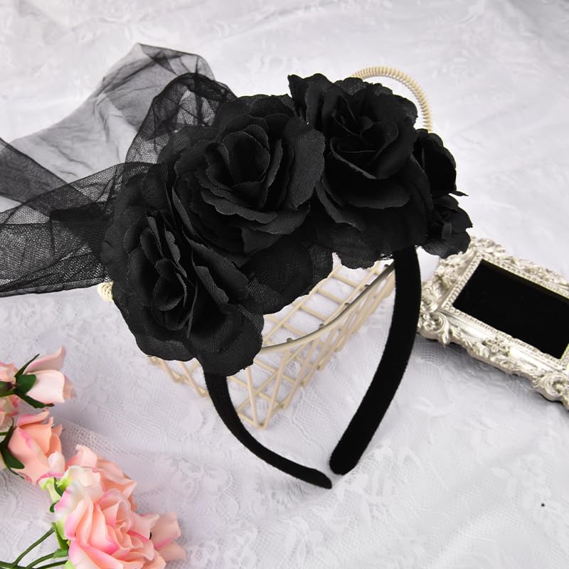 Halloween Floral Headband with Veil Gothic Black Flower Hair Piece